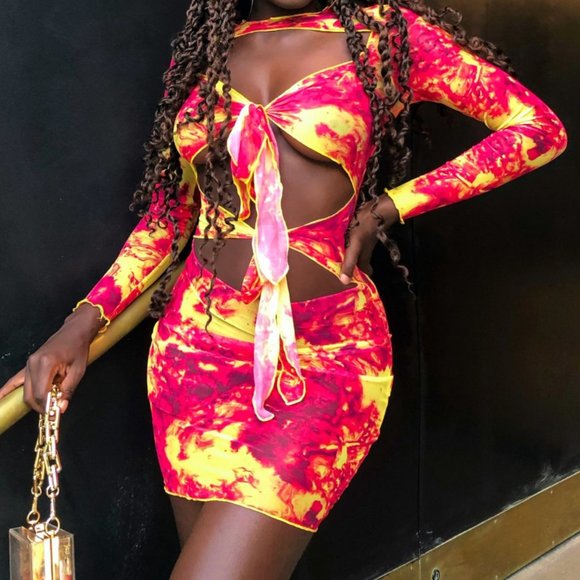 Mesh Long Sleeve Tie Dye Mini Hollow Out Bodycon Dress - Picture 1 of 3